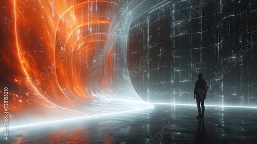 A symphony of cybernetic elements dances harmoniously, framing the hacker in ...