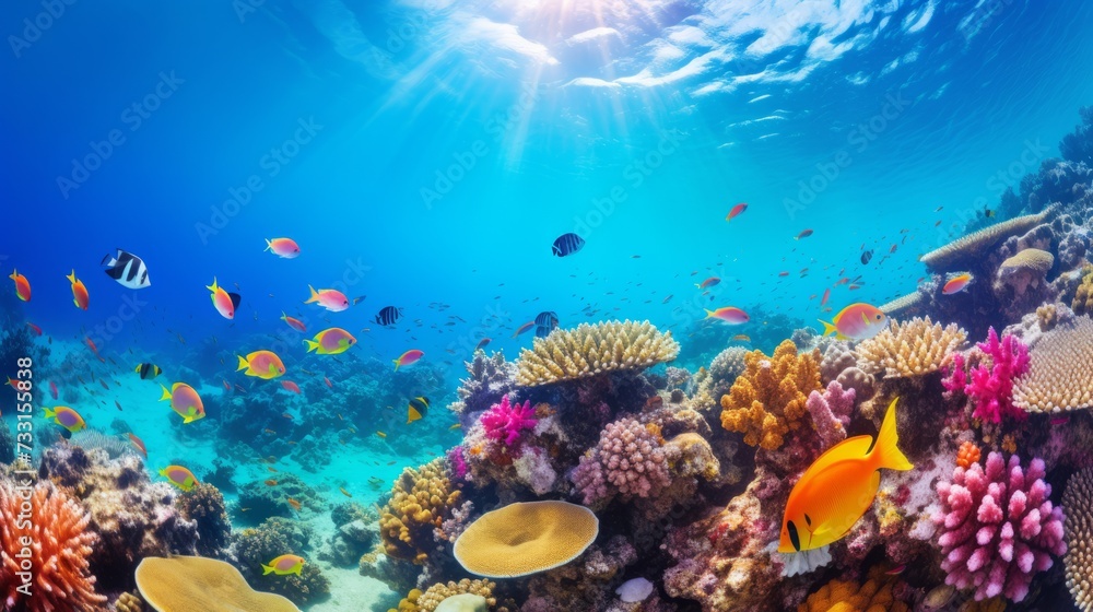 Vibrant coral reefs teeming with colorful marine life