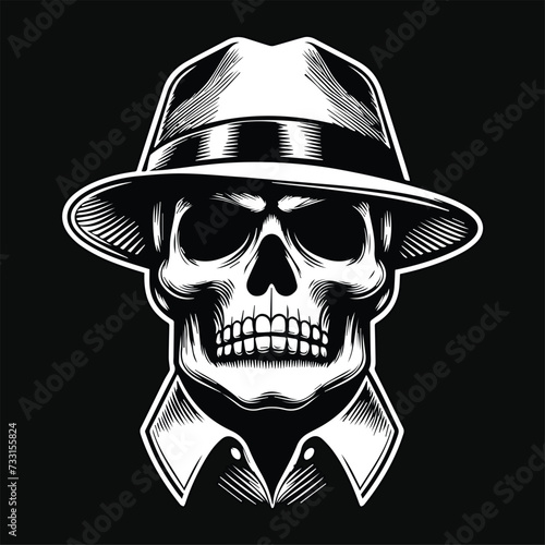 Dark Art Skull Mafia Head with Hat and Collar Black and White Illustration