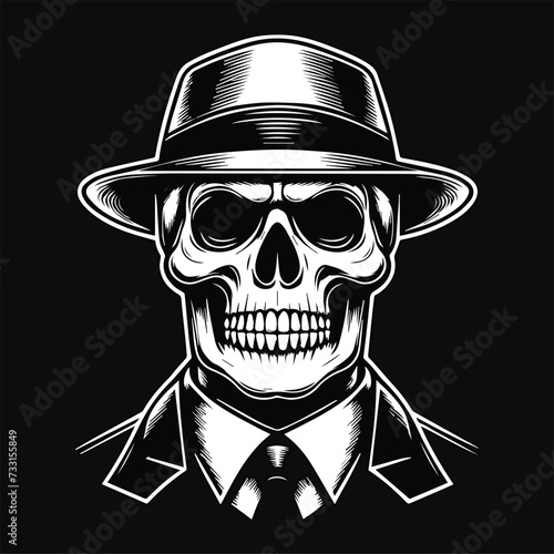 Dark Art Skull Mafia Head with Hat and Collar Black and White Illustration