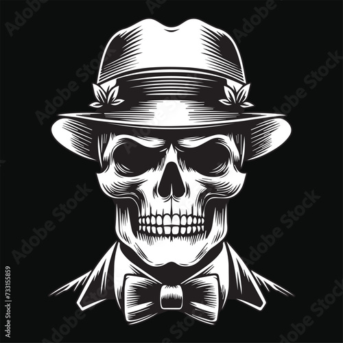 Dark Art Skull Mafia Head with Hat and Collar Black and White Illustration