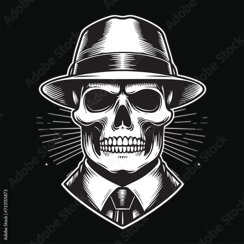 Dark Art Skull Mafia Head with Hat and Collar Black and White Illustration