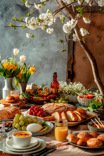 beautiful fresh easter breakfast with a lot of different food and copy sapce