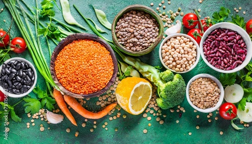 organic vegetables lentils beans raw ingredients for cooking on trendy green background healthy clean eating concept vegan or gluten free diet copy space top view food frame