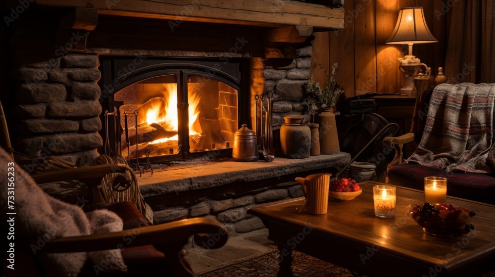 Cozy cabin pension with a roaring fireplace and warm