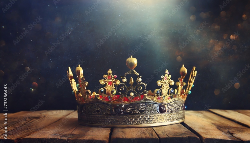 low key image of beautiful queen king crown over wooden table vintage ...