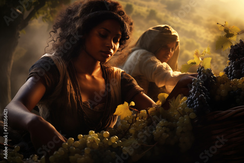 Amidst the golden rays of the setting sun, women in timeless attire are deeply engrossed in picking grapes from a lush vineyard.
