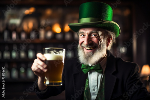 A man leprechaun wearing a green hat and shamrock celebrates St.Patrick day