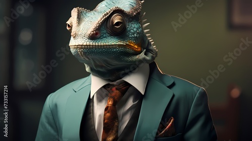 A well-dressed chameleon in a business suit  blending into its surroundings