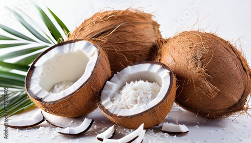 coconuts with coconut flakes on a white background