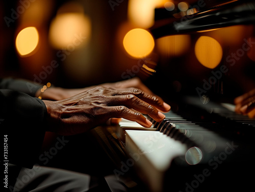 Pianist s hands on the keyboard of a grand piano