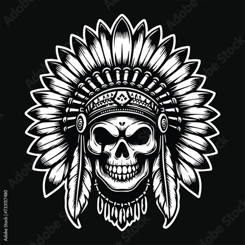 Dark Art Indian Skull Head with Indian Hat Black and White Illustration