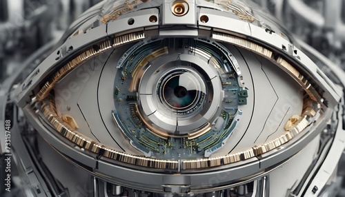 digital surveillance extreme close up of robotic or bionic eye with advanced circuitry