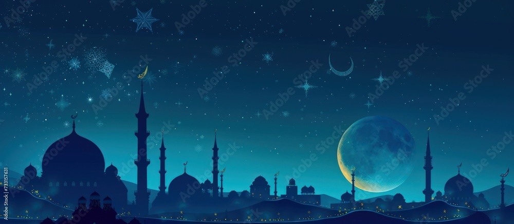 Illustration fantasy a crescent moon light over night landscape background. Generated AI image