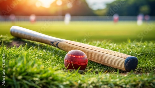 cricket bat and ball on green grass photo