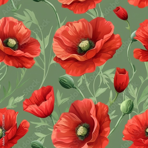 Summer seamless pattern with bright red poppy flowers and poppy seed pods on green background. Surface design for interior decoration, textile printing, printed issues, invitation cards