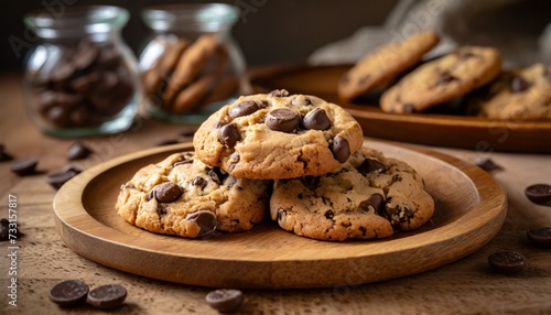 closeup of chocolate chip cookies on a wooden plate
