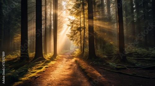 Moody forest with golden sunlight filtering through