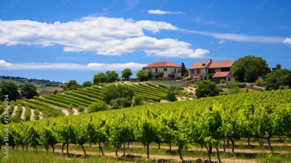Fototapeta premium Pension nestled among vineyards, offering grapevine vistas and wine experiences