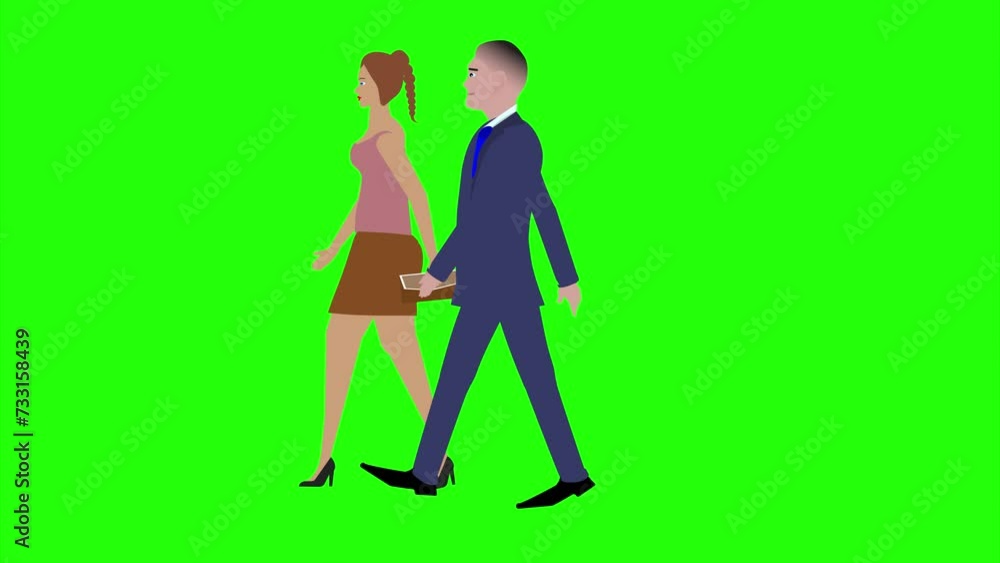 Animation with Man and women character walking side view, seamless loop on green screen, chroma key Animation with Man and women character walking side view, seamless loop on green screen, chroma key