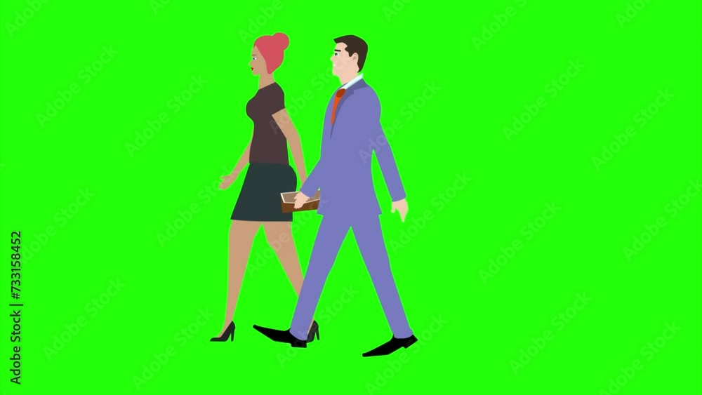 Animation with Man and women character walking side view, seamless loop on green screen, chroma key Animation with Man and women character walking side view, seamless loop on green screen, chroma key