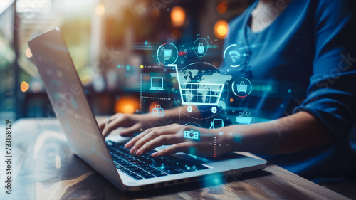  Online shopping, internet technology, and digital marketing: Women use laptops for online shopping, digital payments, and 24/7 access to online services, fostering business delivery in e-commerce. © mimi