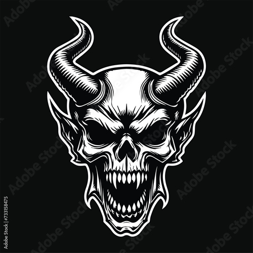 Dark Art Angry Demon Skull Head with Horn Black and White Illustration