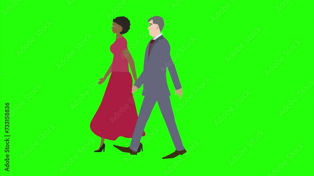 Animation with Man and women character walking side view, seamless loop on green screen, chroma key Animation with Man and women character walking side view, seamless loop on green screen, chroma key