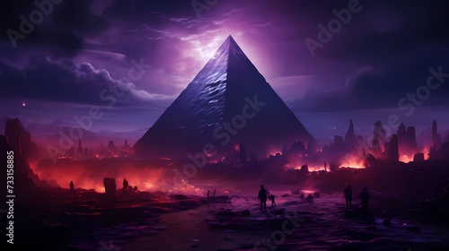 An enchanting violet pyramid surrounded by ethereal mist