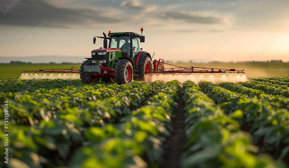 Tractor spraying crops in the field in the morning. Generative AI Tractor spraying crops in the field in the morning. Generative AI