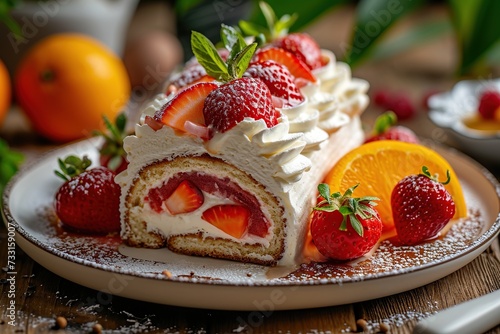 Vanilla roulade with cream and strawberry photo