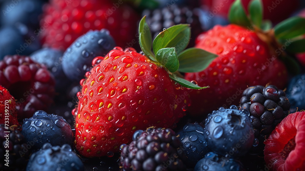 A close-up texture of an assortment of fresh berries. A close-up texture of an assortment of fresh berries.