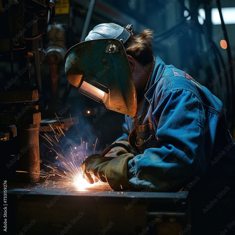 Welder in a workshop welds metal together Welder in a workshop welds metal together