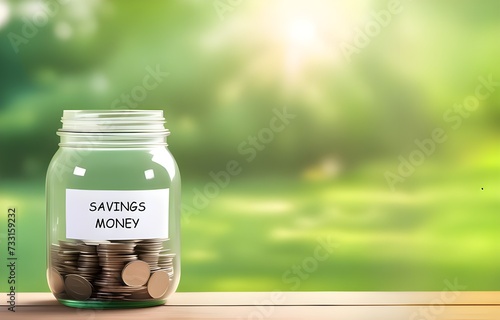 Savings money jar place on morning garden background