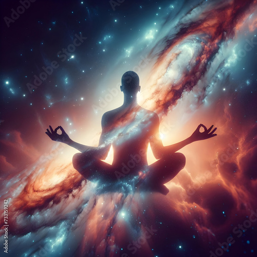 Silhouette of a people in meditation pose giving a stream of energy on a abtract background