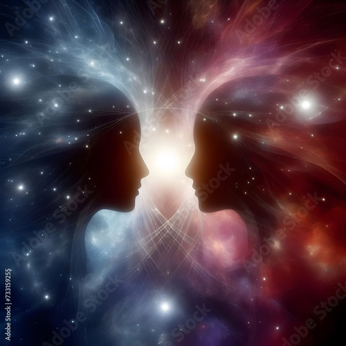 Silhouette two heads face to face  giving connection of energy on a universe abstract background