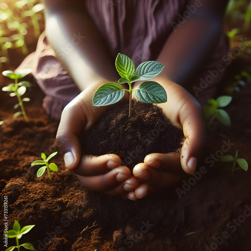 Hands child holding young plants on the back soil, growth of plant, care and save wold concept, reduce global warming. Ecology concept.