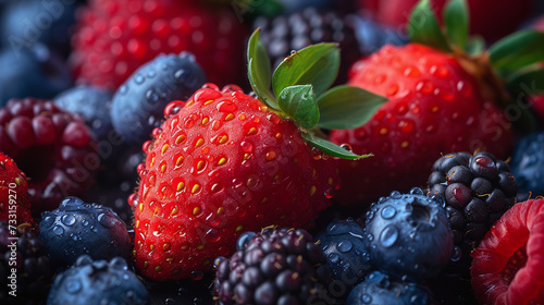 A close-up texture of an assortment of fresh berries.