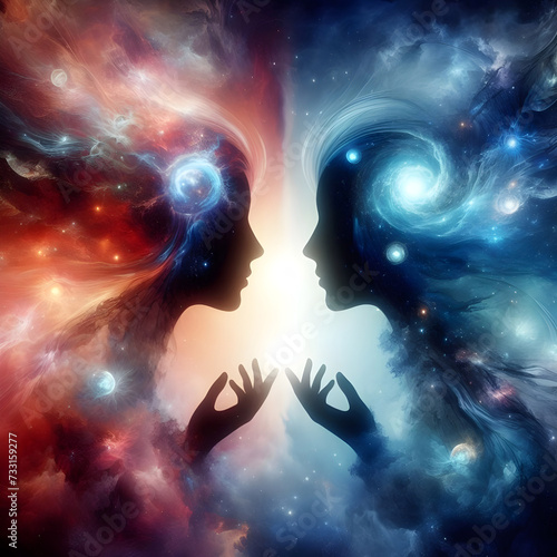 Silhouette two heads face to face  giving connection of energy on a universe abstract background