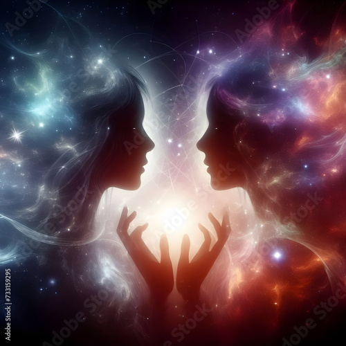 Silhouette two heads face to face  giving connection of energy on a universe abstract background