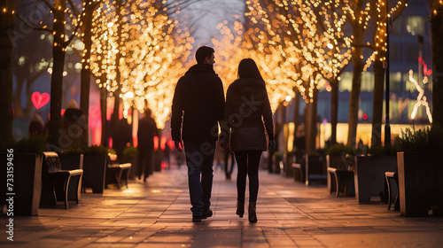 A couple walking hand in hand in a beautifully lit urban setting, perhaps with Valentine's decorations in the background.