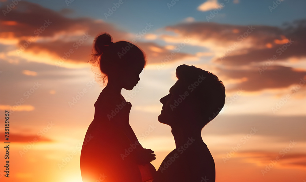 The silhouette of a father and daughter on sunset background