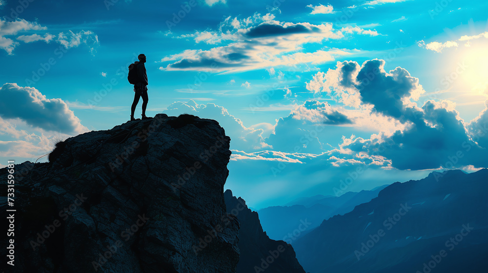 A panoramic view of a climber silhouetted against a vast, rocky mountain landscape, emphasizing the scale and challenge of the ascent.