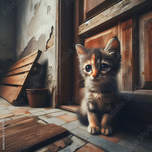 A sad cat sits in front of the door, looking out, waiting for its owner to return.