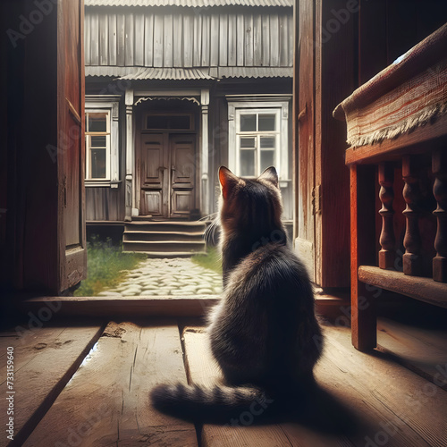 Behind a sad cat sits in front of the door, looking out, waiting for its owner to return.