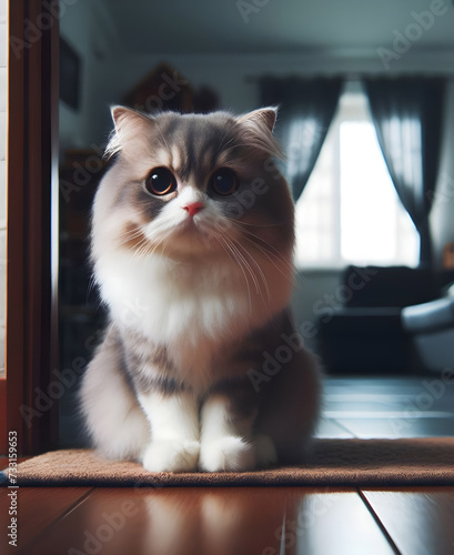 A sad cat sits in front of the door, looking out, waiting for its owner to return.