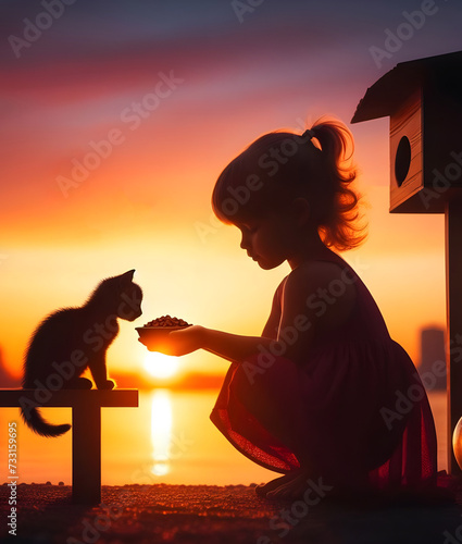 The silhouette of a cute little girl feeding a kitten lovely on sunset background
