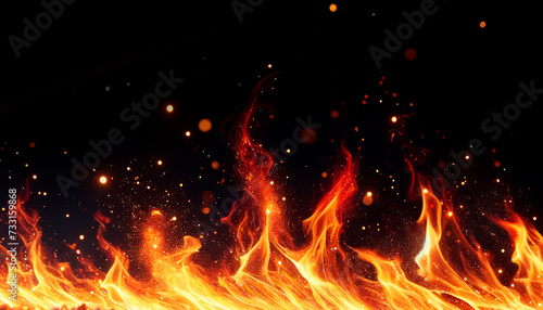 Intense fire swirls with bright sparks on a black backdrop. Energy and warmth concept. Generative AI