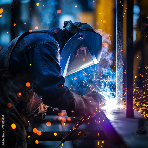 Welder in a workshop welds metal together