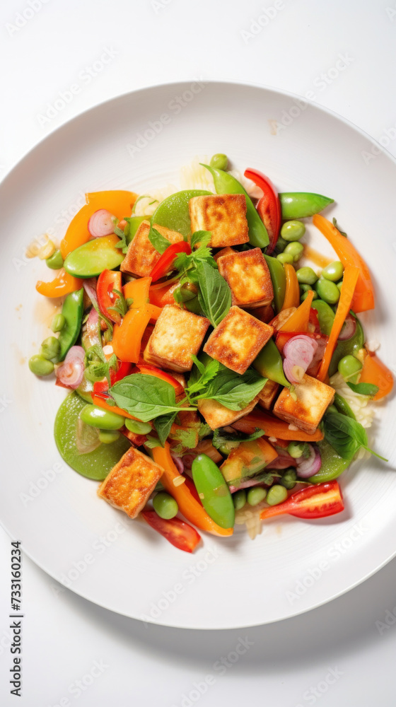 A vegan tofu salad with vegetables on white plate. Top view